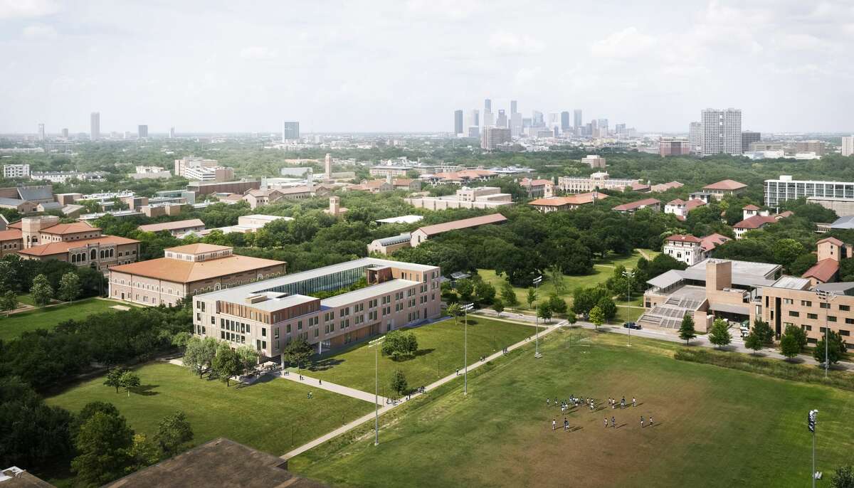 This rendering shows an aerial view of the planned new social sciences building at Rice University.