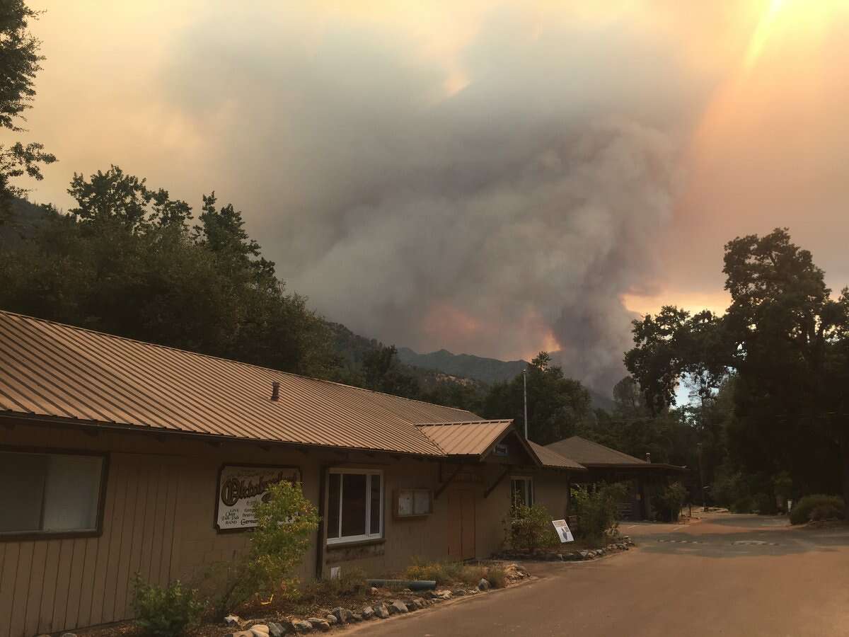 The Ferguson Fire, burning in steep, rugged terrain  in Sierra National Forest on Sunday, July 16, 2018.  It has closed Highway 140  and is threatening a number of structures.