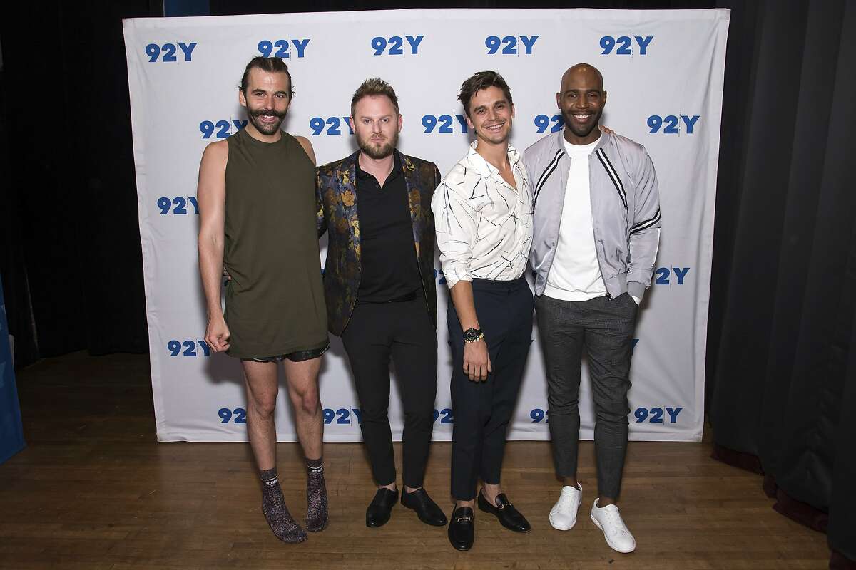 Jonathan Van Ness, from left, Bobby Berk, Antoni Porowski and Karamo Brown from the Netflix reality television series "Queer Eye" pose backstage before their appearance at 92nd Street Y on Tuesday, June 19, 2018, in New York. (Photo by Charles Sykes/Invision/AP)