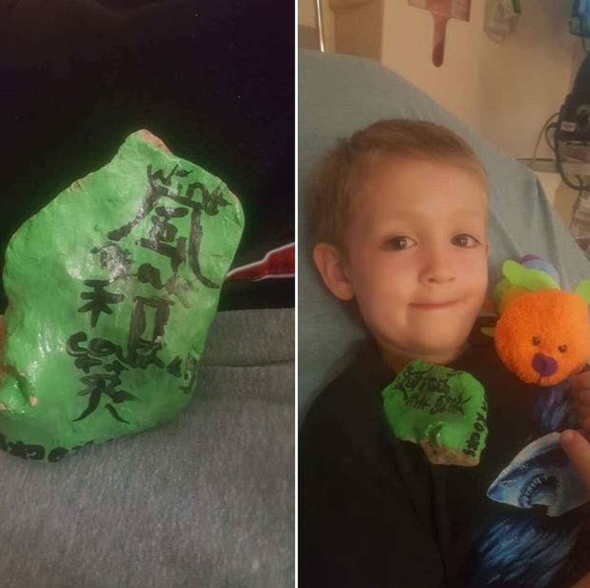 The found rocks of San Antonio Rocks can come with their own colorful stories. For instance, Elizabeth Sterns' seven-year-old son Jackson holds a painted rock while in an emergency room. The rock featured Japanese symbols with English words that included "courage," which Jackson said he needed.