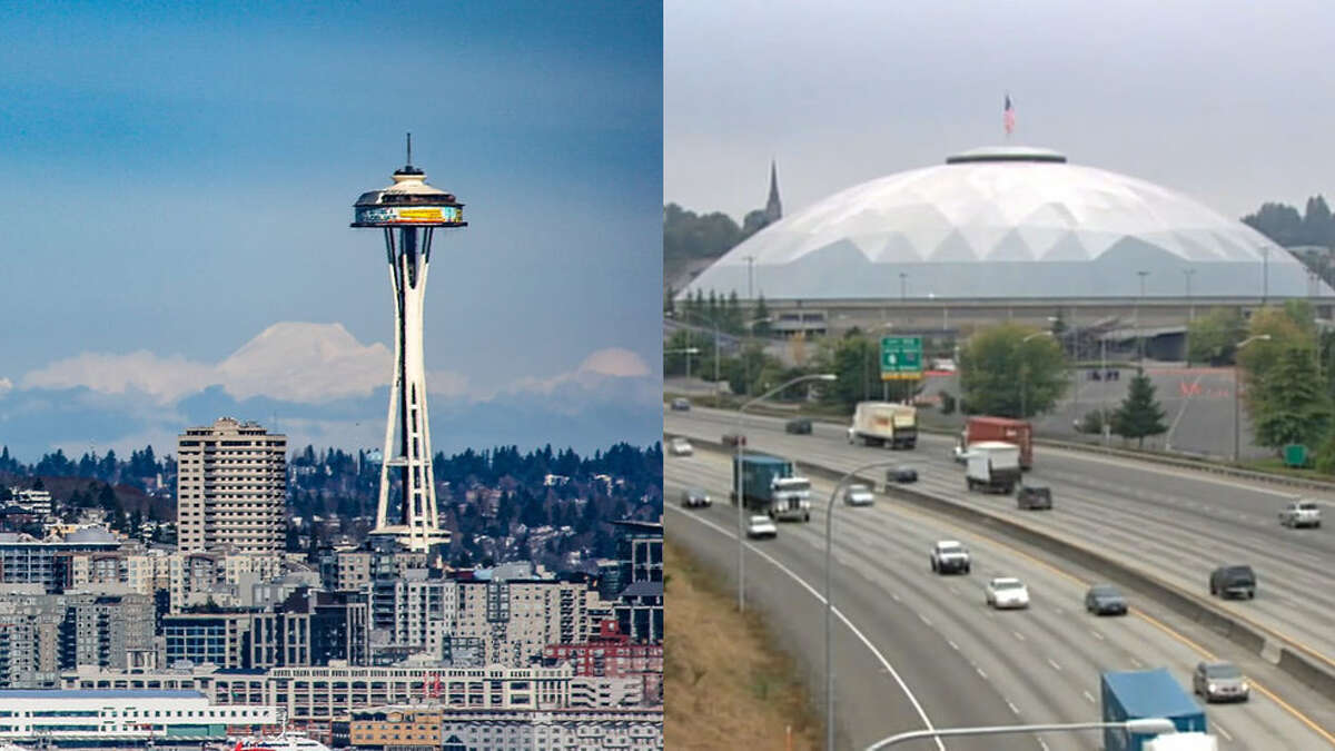 Left: Seattle's skyline. Right: Tacoma Dome.