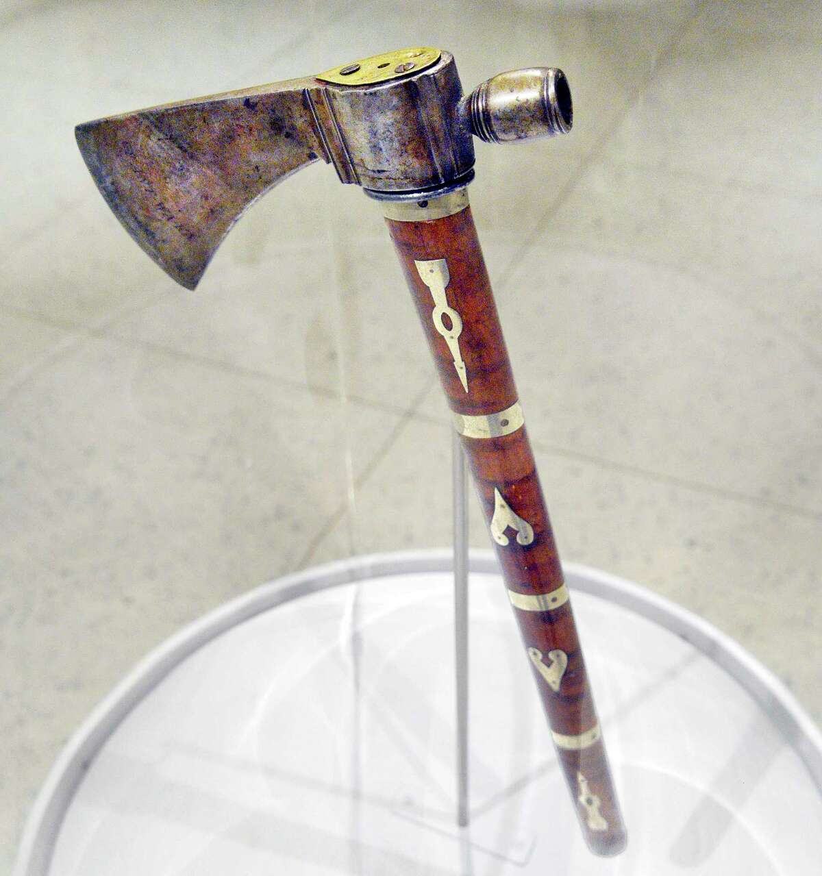 An 18th-century Native American tomahawk gifted to Cornplanter, the respected Seneca leader, by President George Washington in 1792 on exhibit at the NYS Museum Tuesday July 17, 2018 in Albany, NY. Thanks to the generosity of an anonymous collector, the pipe tomahawk was returned to the State Museum's collections last month. (John Carl D'Annibale/Times Union)