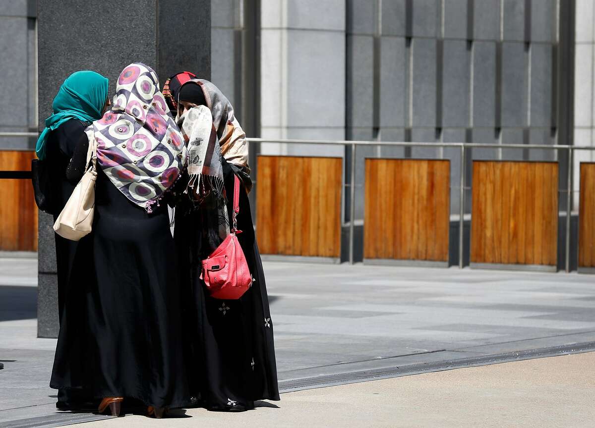 Muslim women gather outside after attending a hearing for Amer Alhaggagi, who plead guilty to federal terrorism charges at the Phillip Burton Federal Building and Courthouse in San Francisco, Calif. on Wednesday, July 18, 2018.