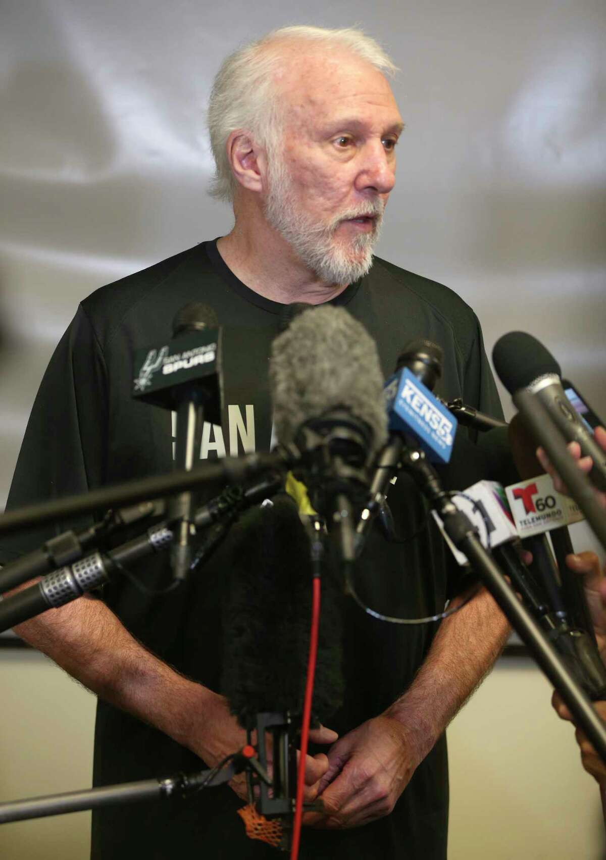 Spurs coach Gregg Popovich speaks Wednesday, June 18, 2018 to the media about the trades of forward Kawhi Leonard and guard Danny Green to Toronto in exchange for four-time All-Star DeMar DeRozan, center Jakob Poeltl and a protected 2019 first-round draft pick.