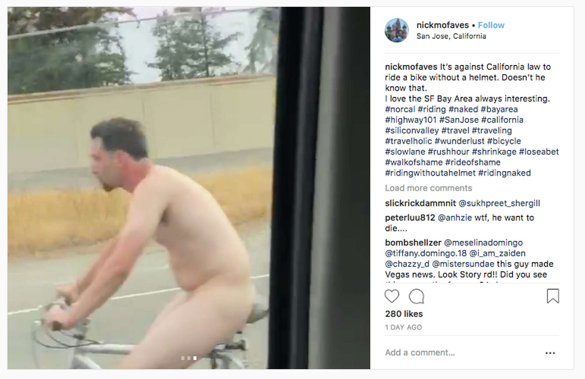 Nude cyclist spotted on Highway 101 in San Jose