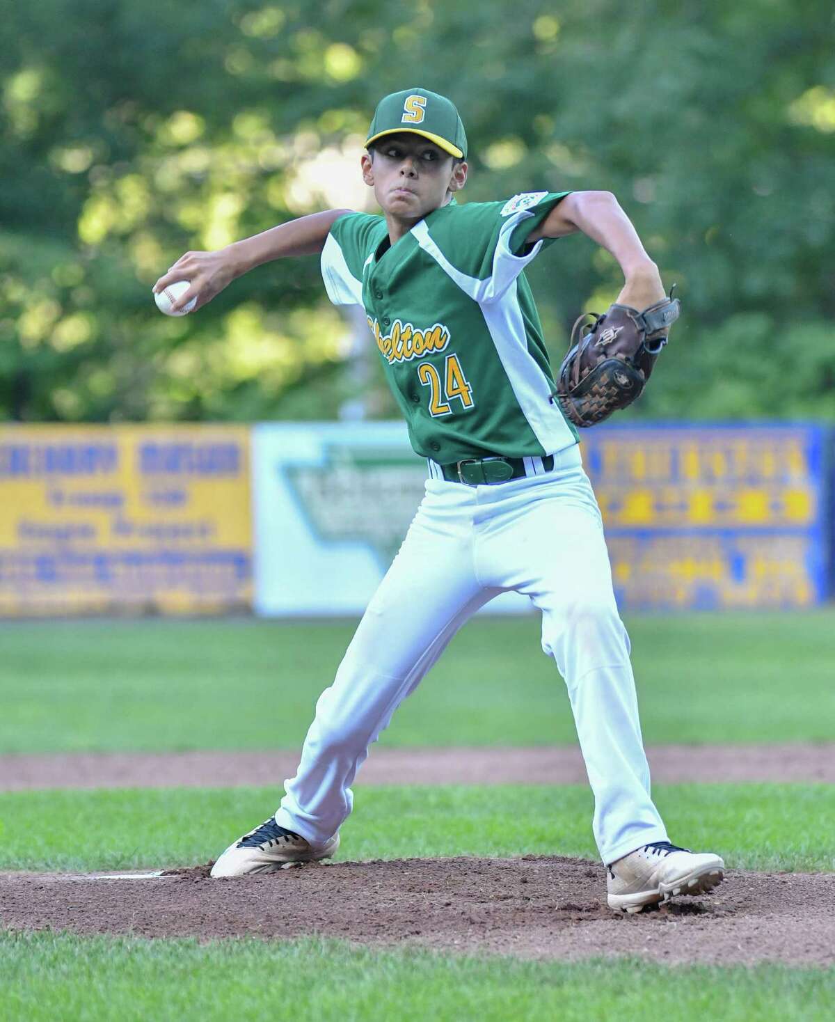 Nicolas Piscioniere (24) of Shelton American delivers a pitch during a Section 2 Little League playoff game against Wallingford on Thusday July 19, 2018, at Peter J. Foley Field in Naugatuck, Connecticut.