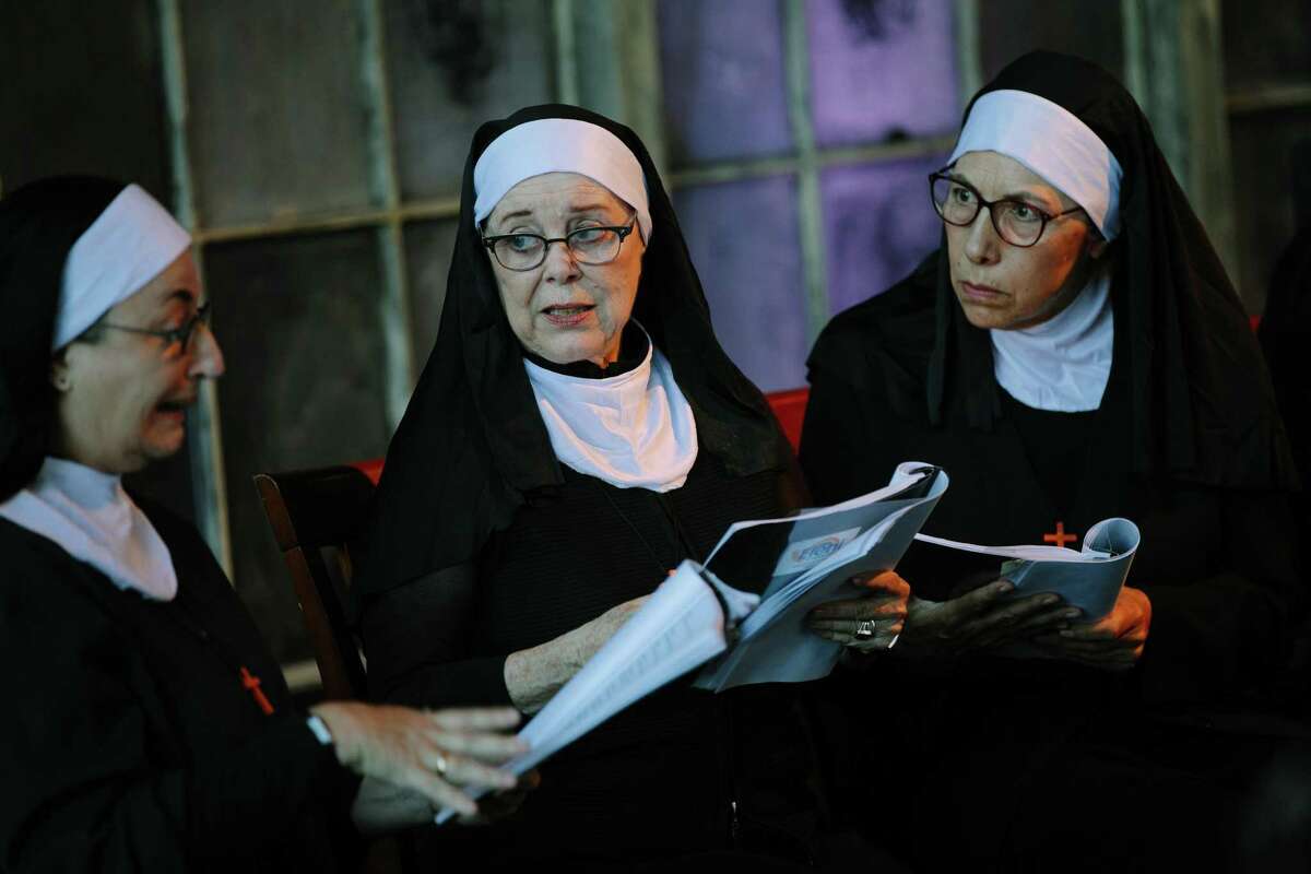 Cast members perform the Off the Page staged reading of “The Abbess of Crewe” by Muriel Spark at Z Space in San Francisco.