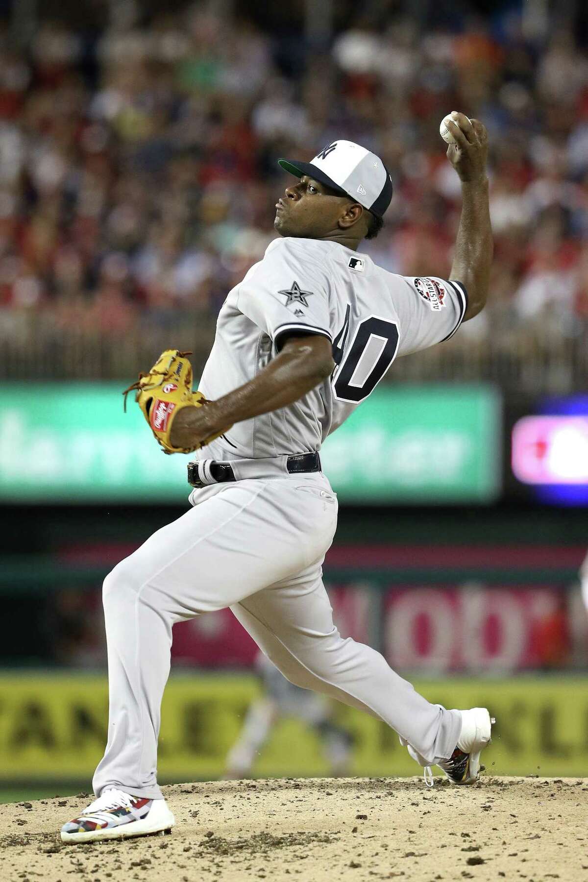 New York Yankees pitcher Luis Severino (40) delivers to the National League  during the second inning of the MLB All-Star Game at Nationals Park in  Washington, D.C., July 17, 2018. Photo by