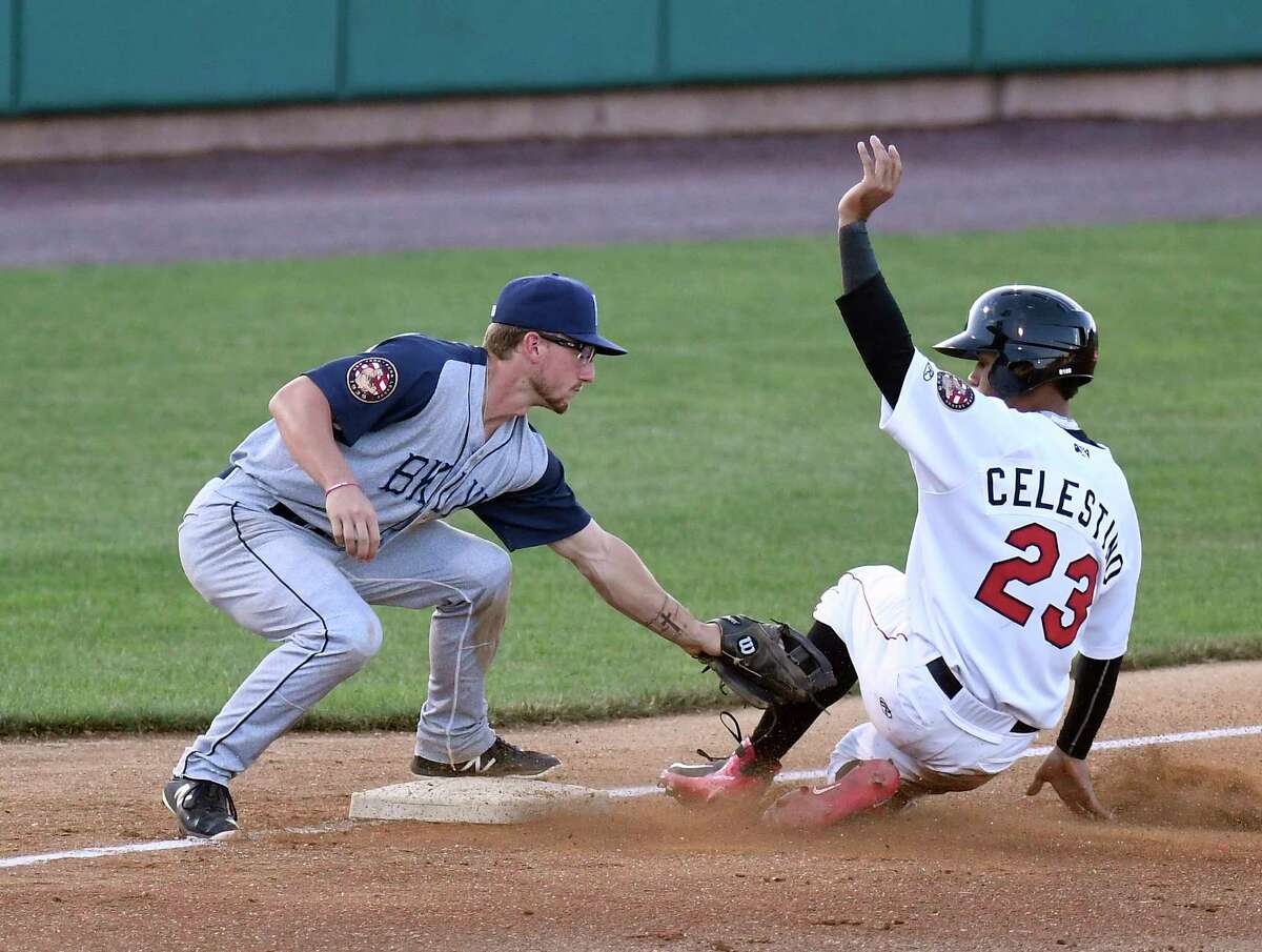 Tri-City ValleyCats Gilberto Celestino (23) is tagged out by Brooklyn Cyclones third baseman Chandler Avant (12) during a minor league baseball game Thursday, July 19, 2018, in Troy, N.Y. (Hans Pennink / Special to the Times Union)