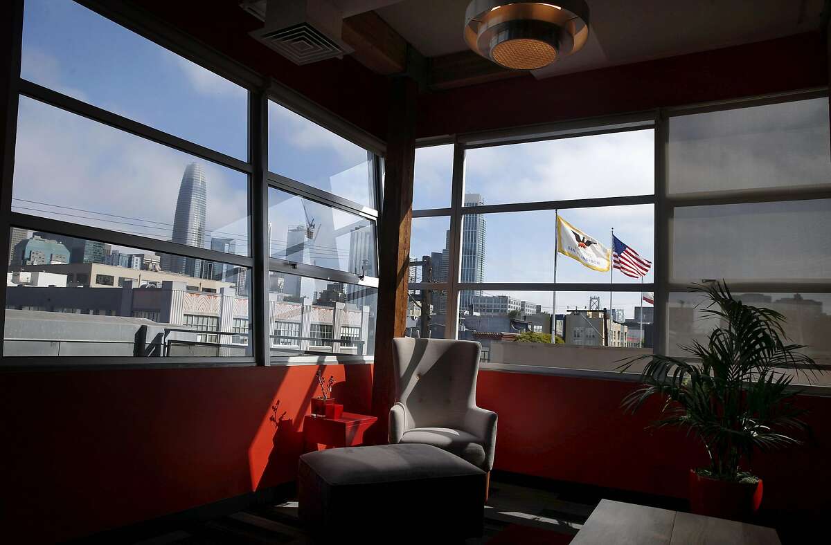 Lounge areas have sweeping views of the downtown skyline at Fastly offices in San Francisco, Calif. on Friday, July 20, 2018.