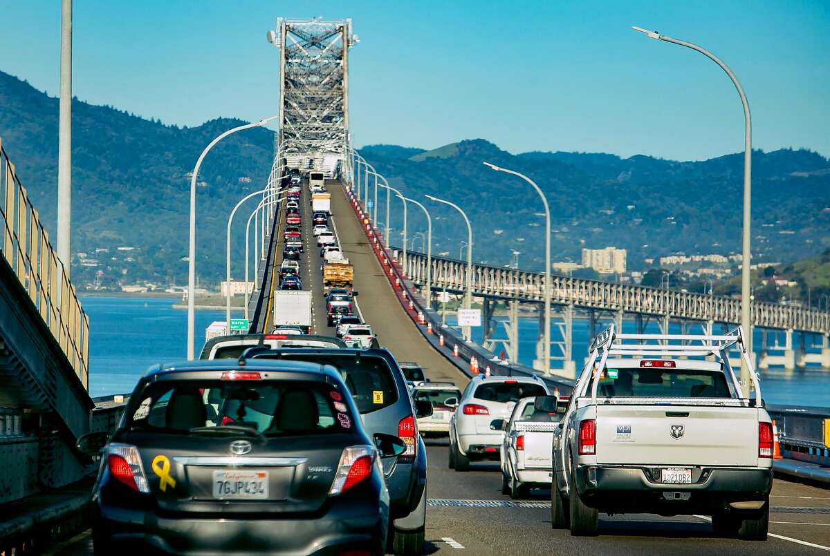 Vehicles on the Richmond-San Rafael Bridge during rush hour in San Rafael, Calif. are seen on March 29th, 2018.