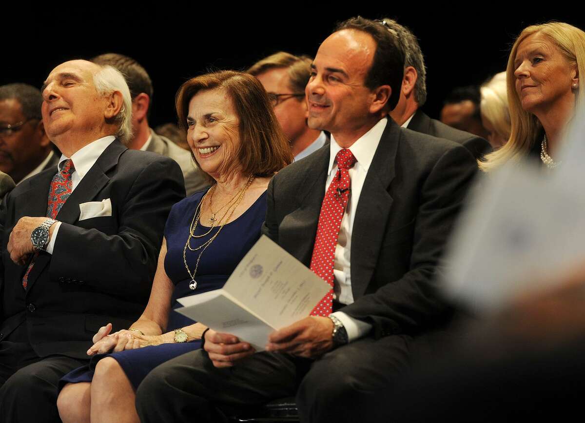 George Ganim, Sr. and Josephine Ganim sit with their son, Bridgeport Mayor Joseph Ganim at his swearing in ceremony at the Klein Memorial Auditorium in December 2015. Ganim has long been able to count his parents for emotional and financial support.