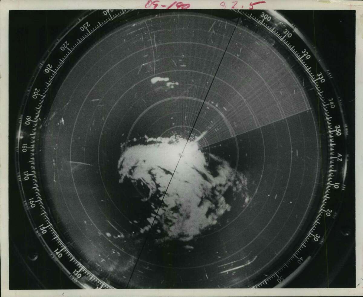 Hurricanes. The eye of a hurricane: Radar screen records the angry temper of Hurricane Cindy, which dumped over 23 inches of rain along the upper Texas Coast in September, 1963. Though free from hurricanes for 16 years, Houston could be visited any time--so unpredictable are the June-to-November storms. Preparedness is the best course, says the Red Cross.