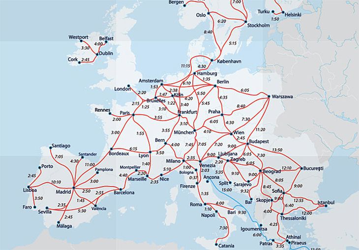 Europe railway map with travel times –