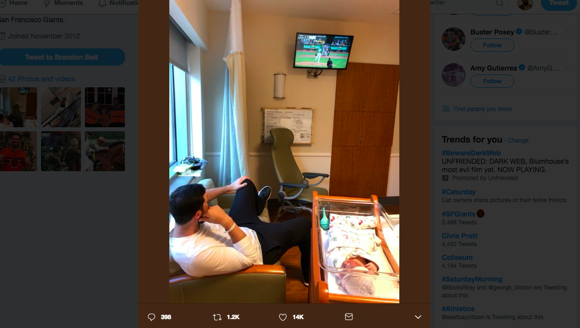 Giants' Brandon Belt tweets photo of him watching Bay Bridge series with  newborn son