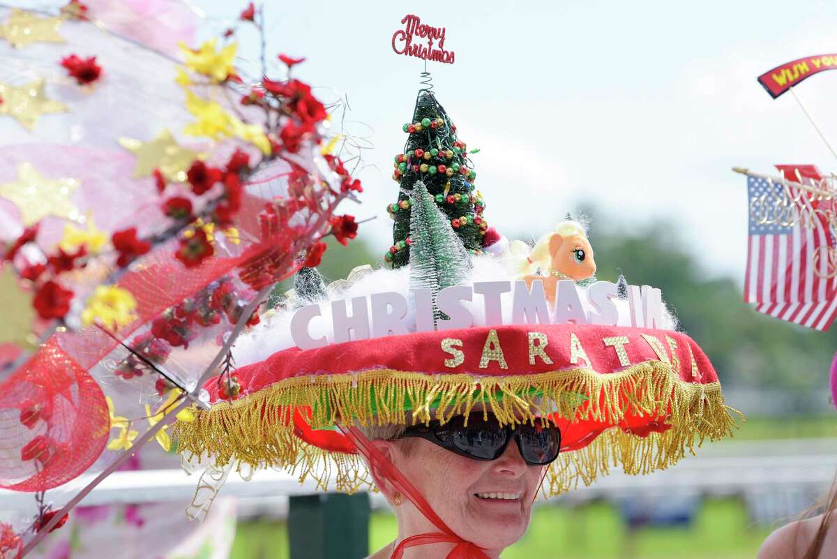 Charlotte DiPaola of Niverville competes in the Uniquely Saratoga category during the 27th annual Hat Contest at Saratoga at the Saratoga Race Course on Sunday, July 22, 2018, in Saratoga Springs, N.Y. DiPaola, who took first place this year, started working on her hat ideas the day after loosing the contest last year. (Paul Buckowski/Times Union)