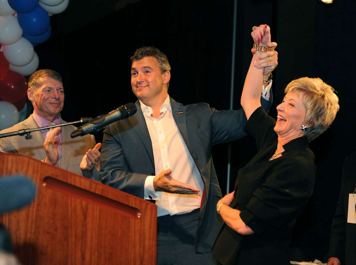 Shane McMahon, left, and his mother, Linda McMahon in 2010 as she clinched the nomination for U.S. Senate during the GOP convention in downtown Hartford. Shane McMahon is now vice chairman of Seven Stars Cloud Inc.