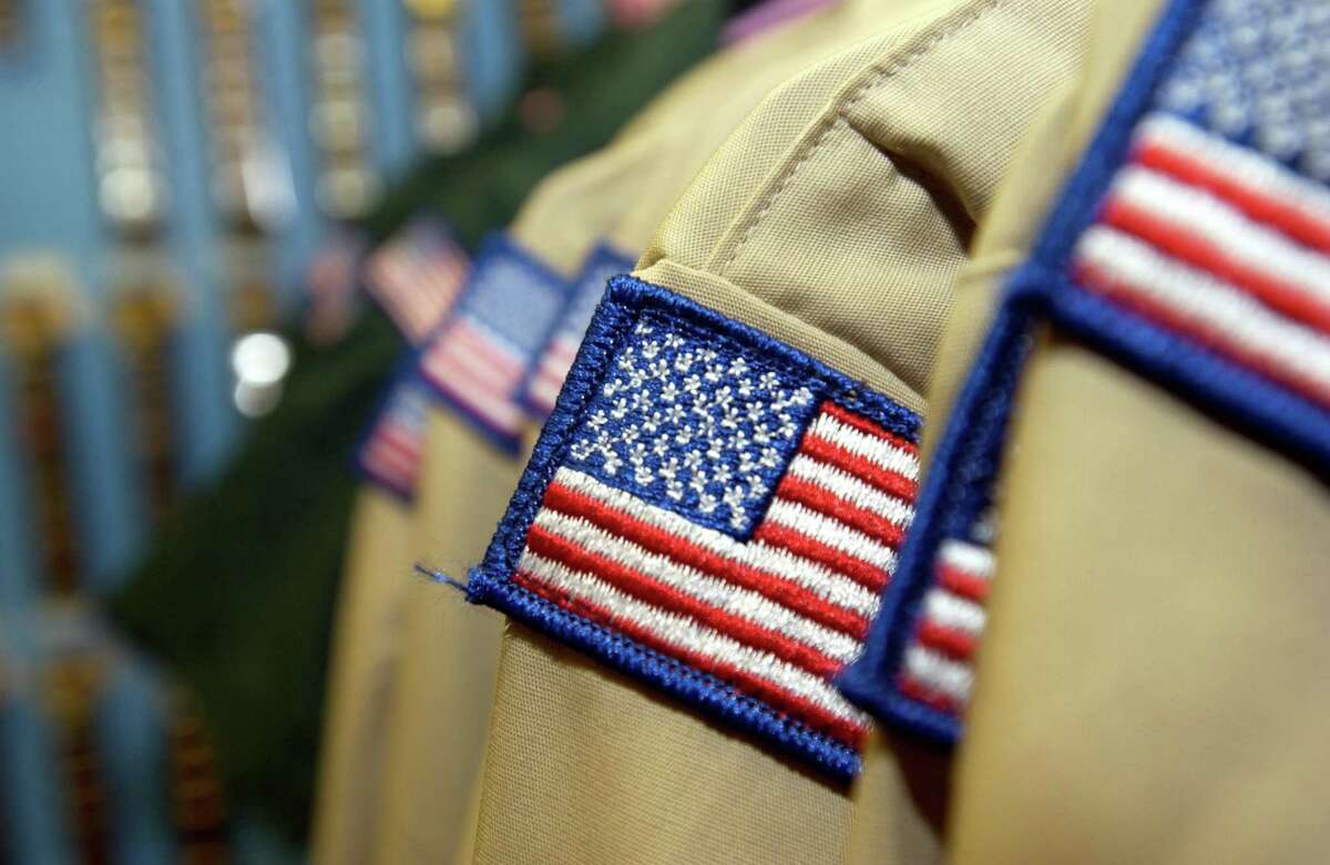 Boy Scout uniforms on a rack for sale at the Housatonic Council, Boy Scouts of America store.