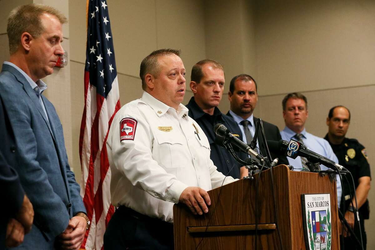 San Marcos Fire Chief Les Stephens speaks during a press conference about the Iconic Village Apartments fire in San Marcos at the San Marcos Activity Center on Monday, July 23, 2018. Four victims have been recovered so far from the fire that began at 4:30 a.m. and affected three apartment buildings near Texas State University on Friday, July, 20. Five people are still unaccounted for. Officials do not yet know the origin of the fire, how it started. or what the total number of victims will be.