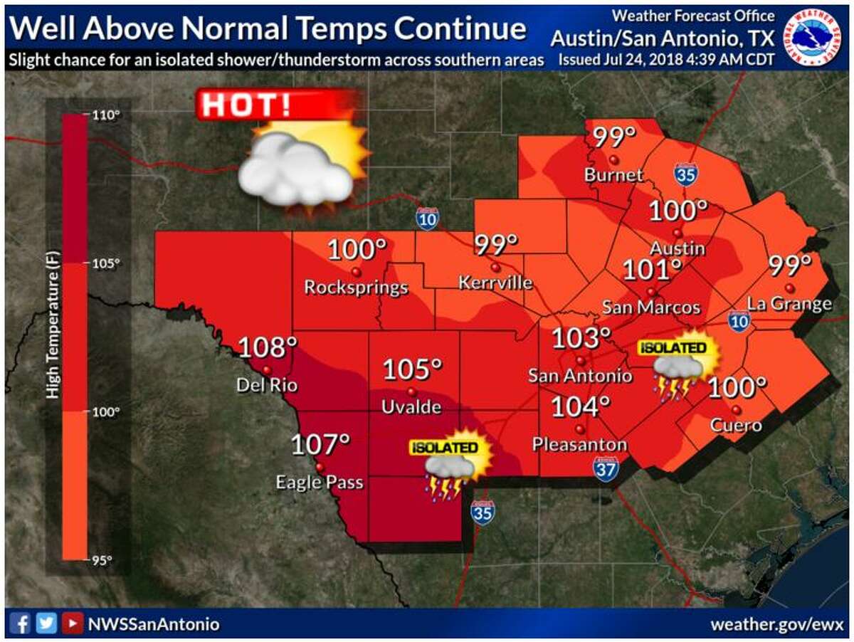 San Antonio is marginally cooler, but should still reach triple digit heat