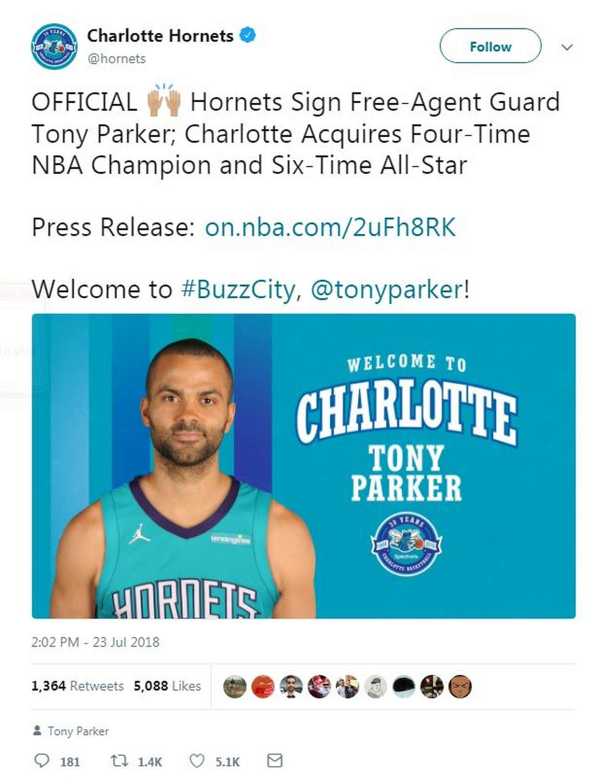 The Charlotte Hornets officially signed Tony Parker, who played for 17 seasons with the San Antonio Spurs.