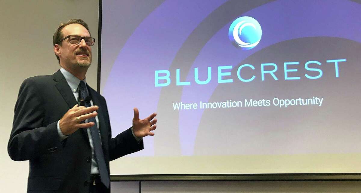 Grant Miller, president and CEO of BlueCrest, talks about the company's rebranding during an employee meeting held Tuesday, July 24, 2018, in Danbury, Conn.