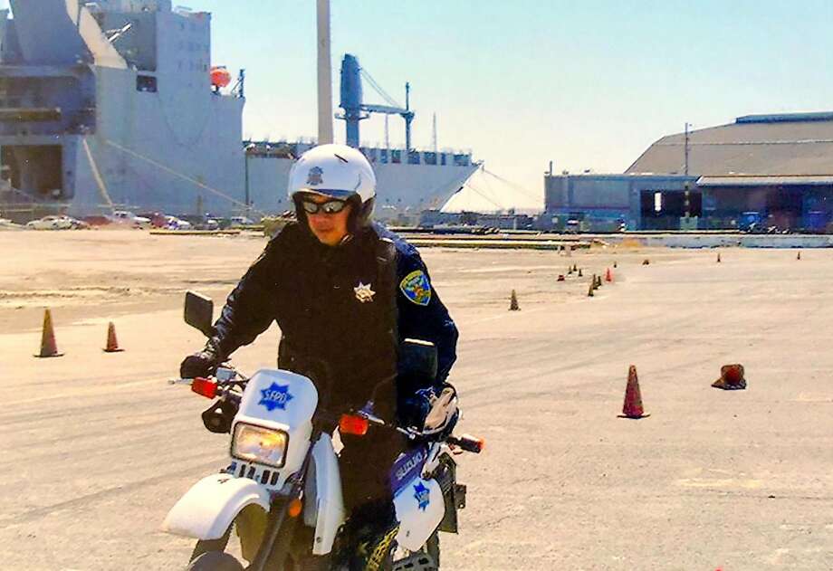 San Francisco Police Officer Lewis Fong, who is now retired, during an August 2007 motorcycle training near Building 606 at the former Hunters Point Naval Shipyard. Photo: Kelvin Lai / Courtesy Lewis Fong