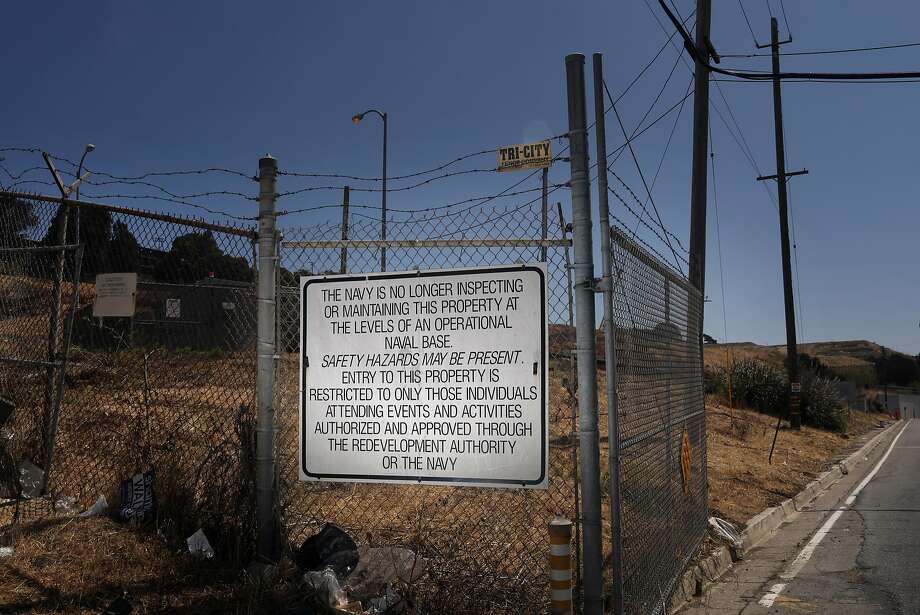 A sign warns visitors to the former Hunters Point Naval Shipyard that “safety hazards may be present.” Photo: Photos By Lea Suzuki / The Chronicle