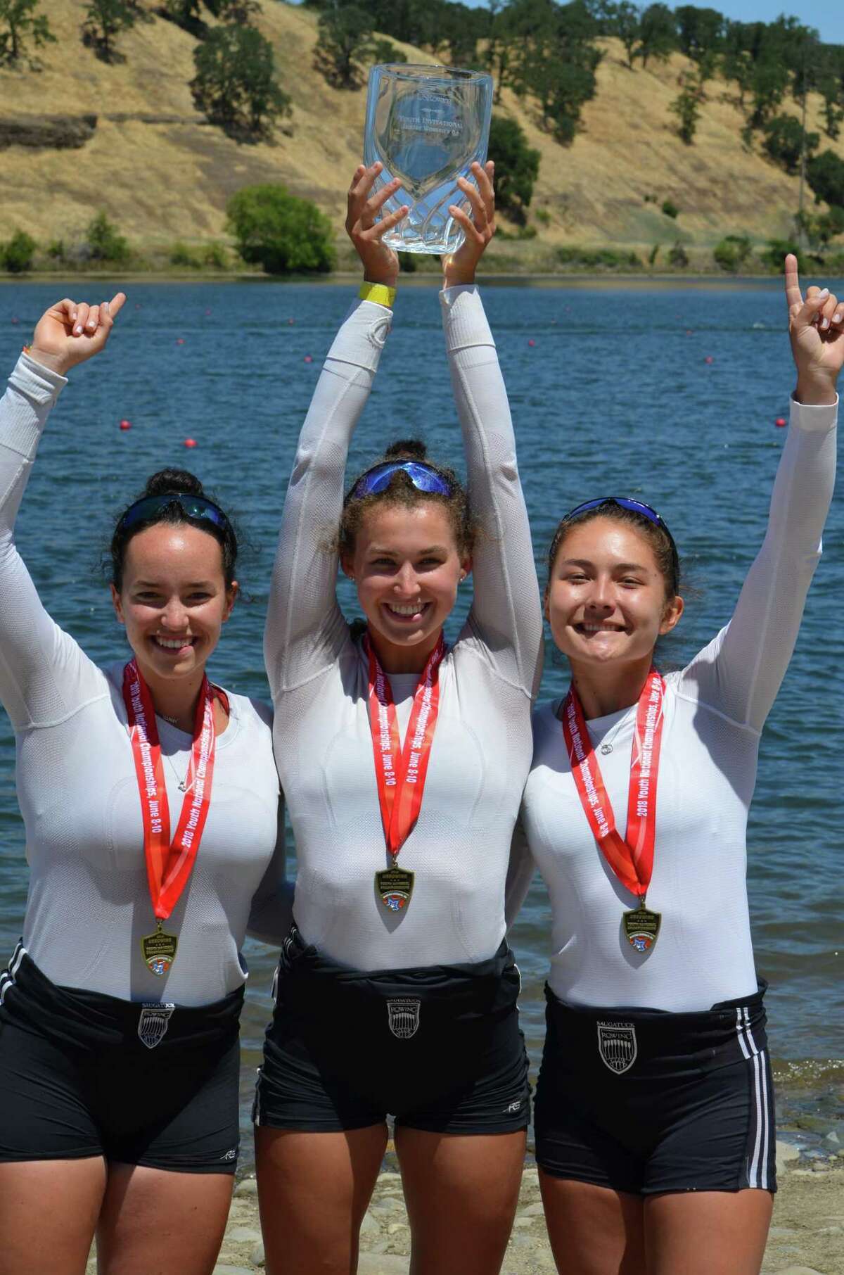 Pictured are three of the six Saugatuck Rowing Club athletes named to the 2018 USRowing Junior National team. All three were members of the SRC womens 8+, which earlier this year won the USRowing Youth National Championships for the fourth year in a row. Left to right, Caitlin Esse, New Canaan; Kelsey McGinley, Westport; and Noelle Amlicke, Westport, along with Isabel Mezei of Fairfield, not pictured.