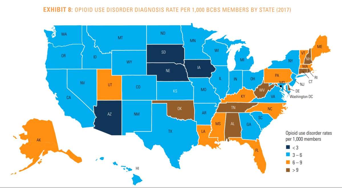 For the first time since the Blue Cross Blue Shield Association began tracking claims for diagnoses of opioid use disorders eight years ago, it’s noticed a drop — from 6.2 diagnoses per 1,000 members in 2016 to 5.9 in 2017. Public health officials are wary, but hopeful about the decline.