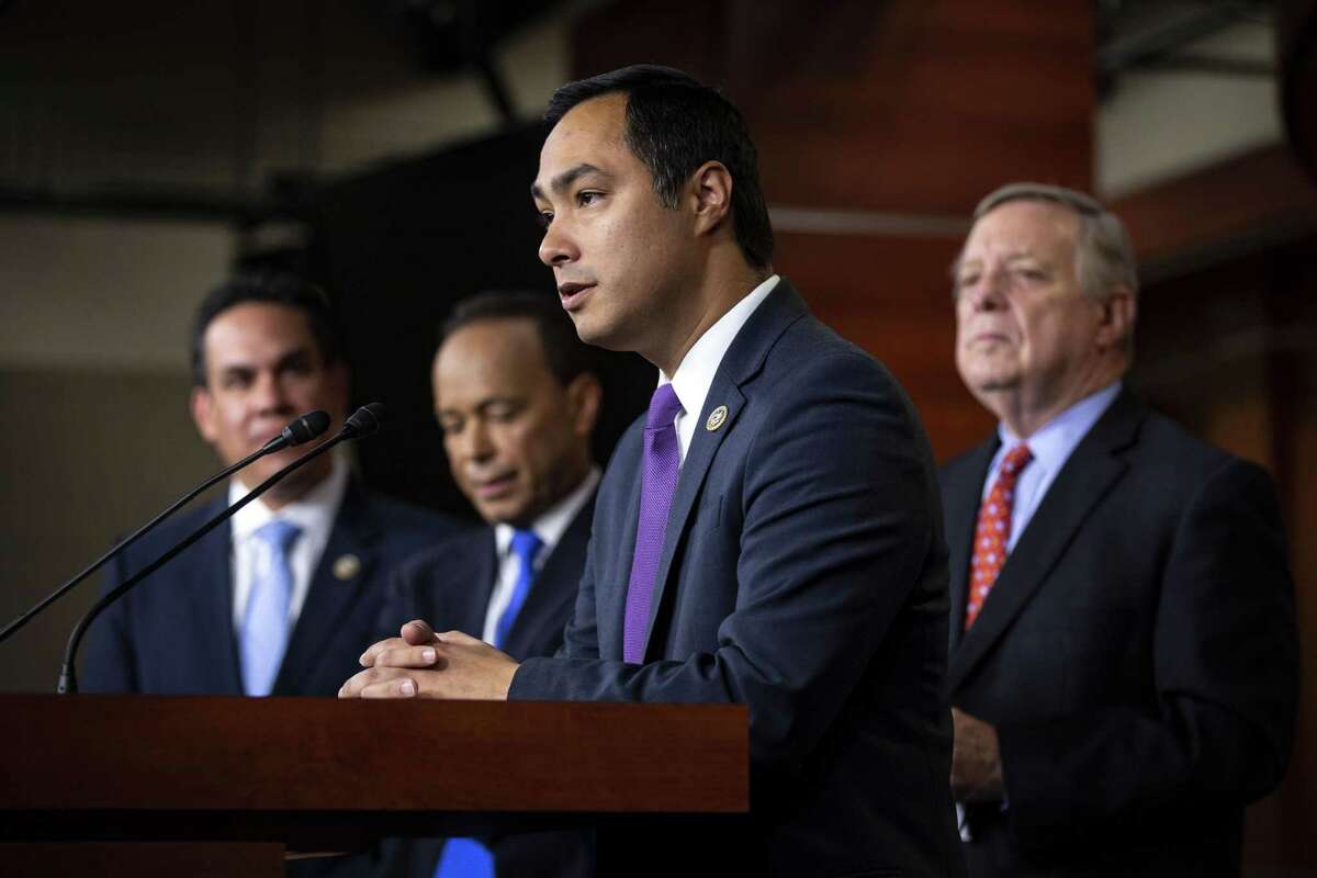 U.S. Rep. Joaquin Castro, D-Texas, speaks beside Sen. Dick Durbin, D-Illinois during a news conference with Democratic lawmakers on Capitol Hill, on July 25, 2018 in Washington, DC. The lawmakers addressed "the court-ordered July 26, 2018, deadline to reunite the identified 2,500-plus children ages 5-17 who were separated from their loved ones."