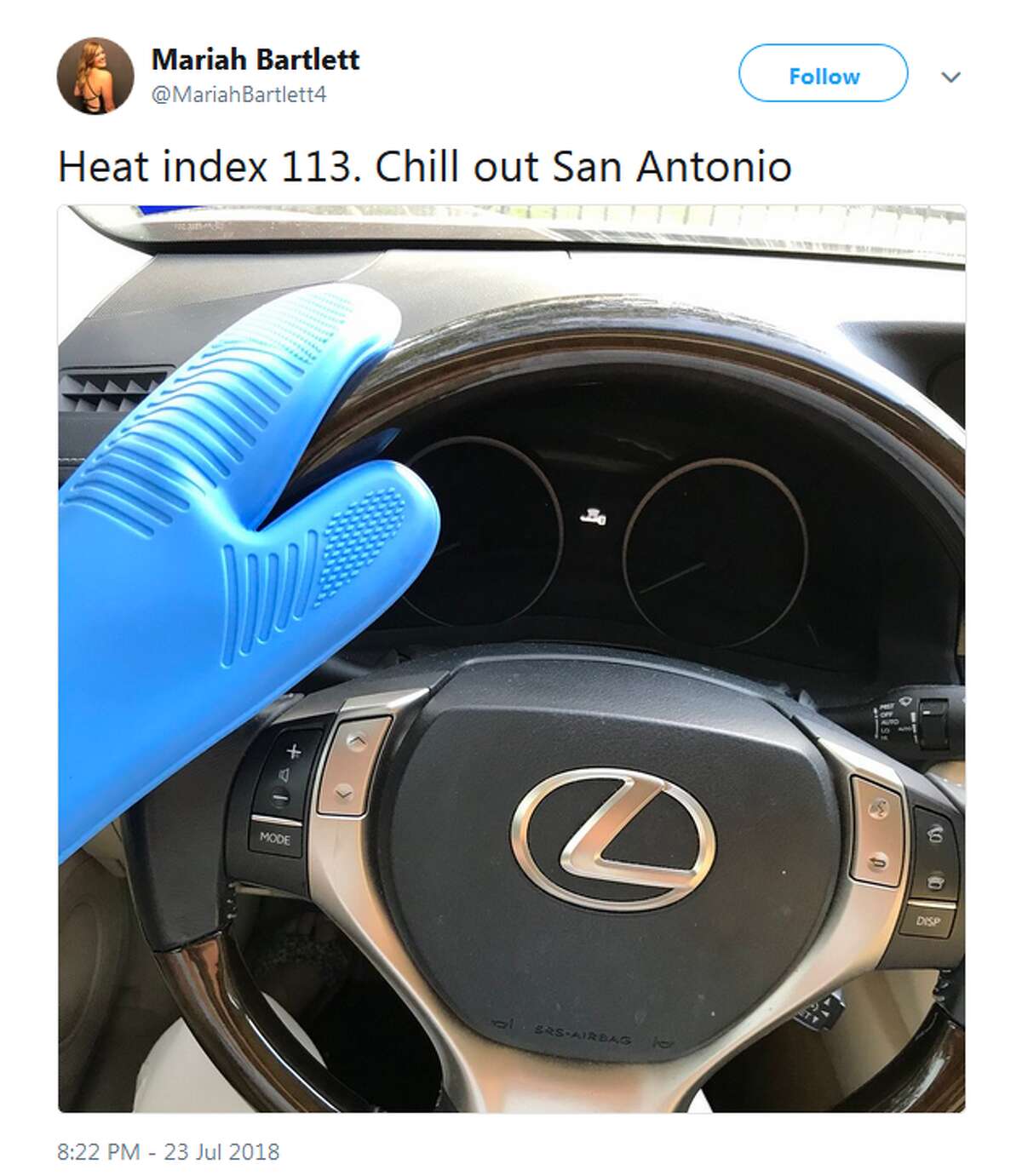 @MariahBartlett4: Heat index 113. Chill out San Antonio