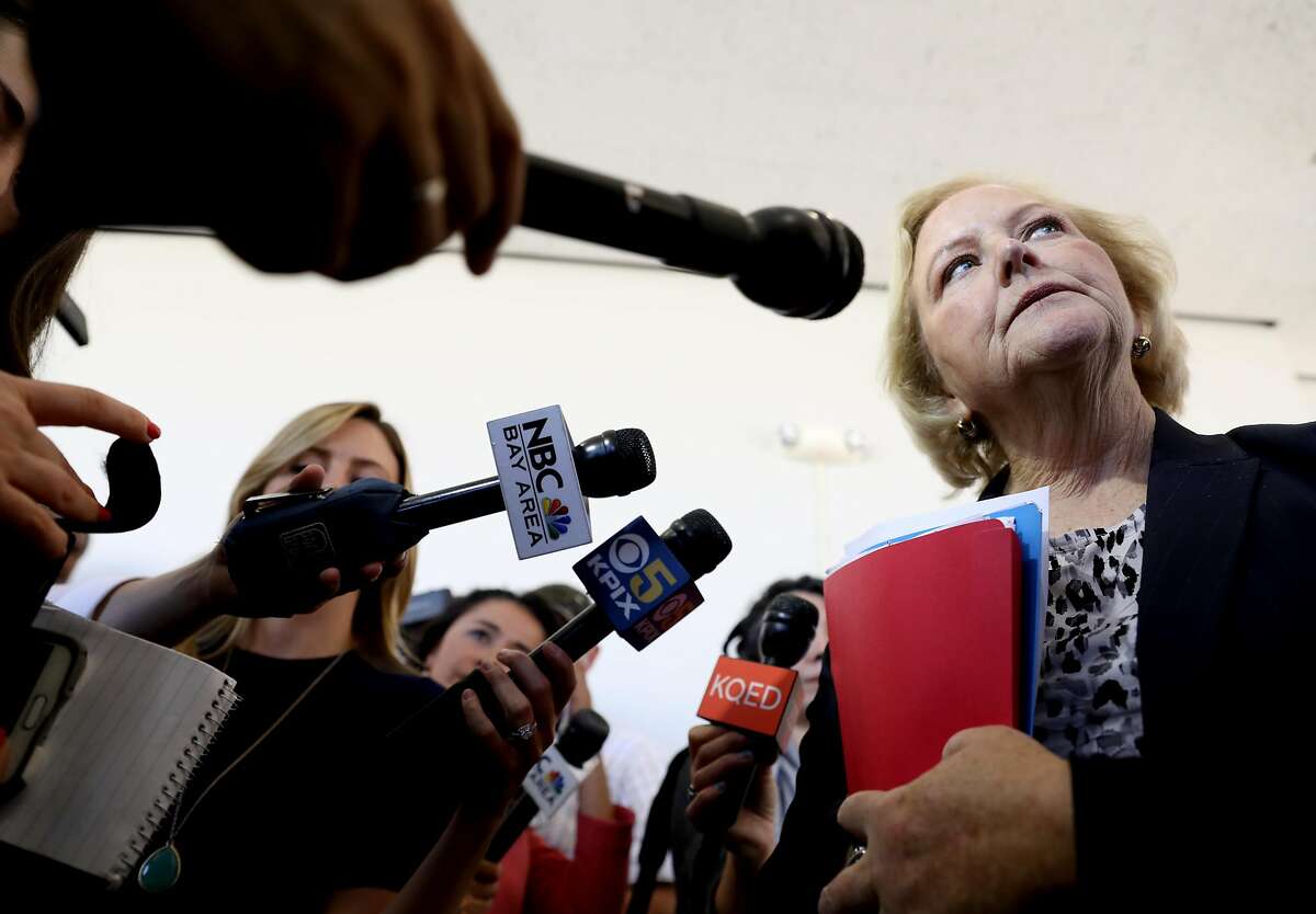 Nancy O'Malley, district attorney for Alameda County, answers questions from the media following the arraignment of John Lee Cowell at Wiley W. Manuel Courthouse in Oakland, Calif. on Wednesday, July 25, 2018. Back-to-back decisions in the last few weeks marked a significant and, to some, puzzling departure from O’Malley’s reputation as an unswerving police ally.