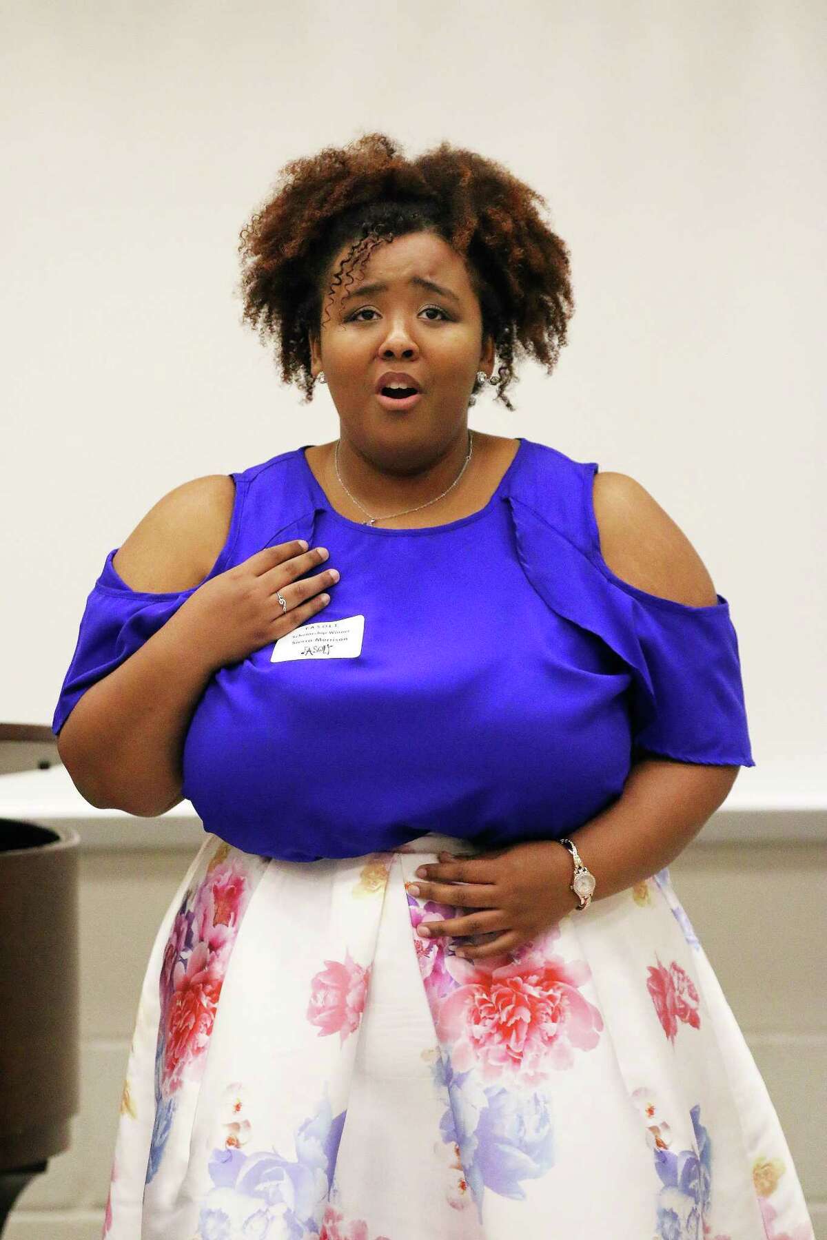 Sierra Morrison sang the selection ?“Tristes Apprets?” by J. P. Rameau at the vocal performance on Saturday in the Liberty High School choir room. She has been the recipient of a scholarship from FASOLT and is a vocal performance major at University of North Texas.
