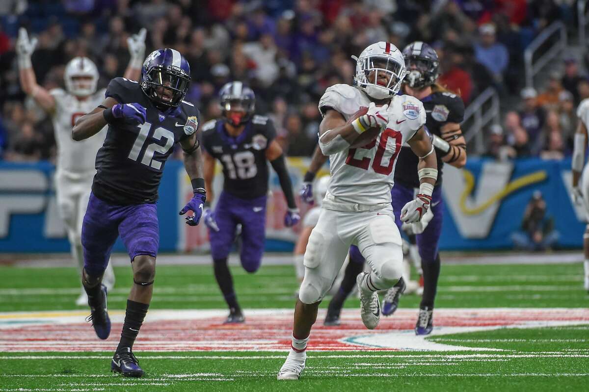 SAN ANTONIO, TX - DECEMBER 28: Stanford Cardinals running back Bryce Love (20) breaks into the secondary enroute to a long rushing touchdown during second half action during the Alamo Bowl game between the Stanford Cardinals and the TCU Horned Frogs on December 28, 2017 at NRG Stadium in Houston, Texas. (Photo by Ken Murray/Icon Sportswire via Getty Images)