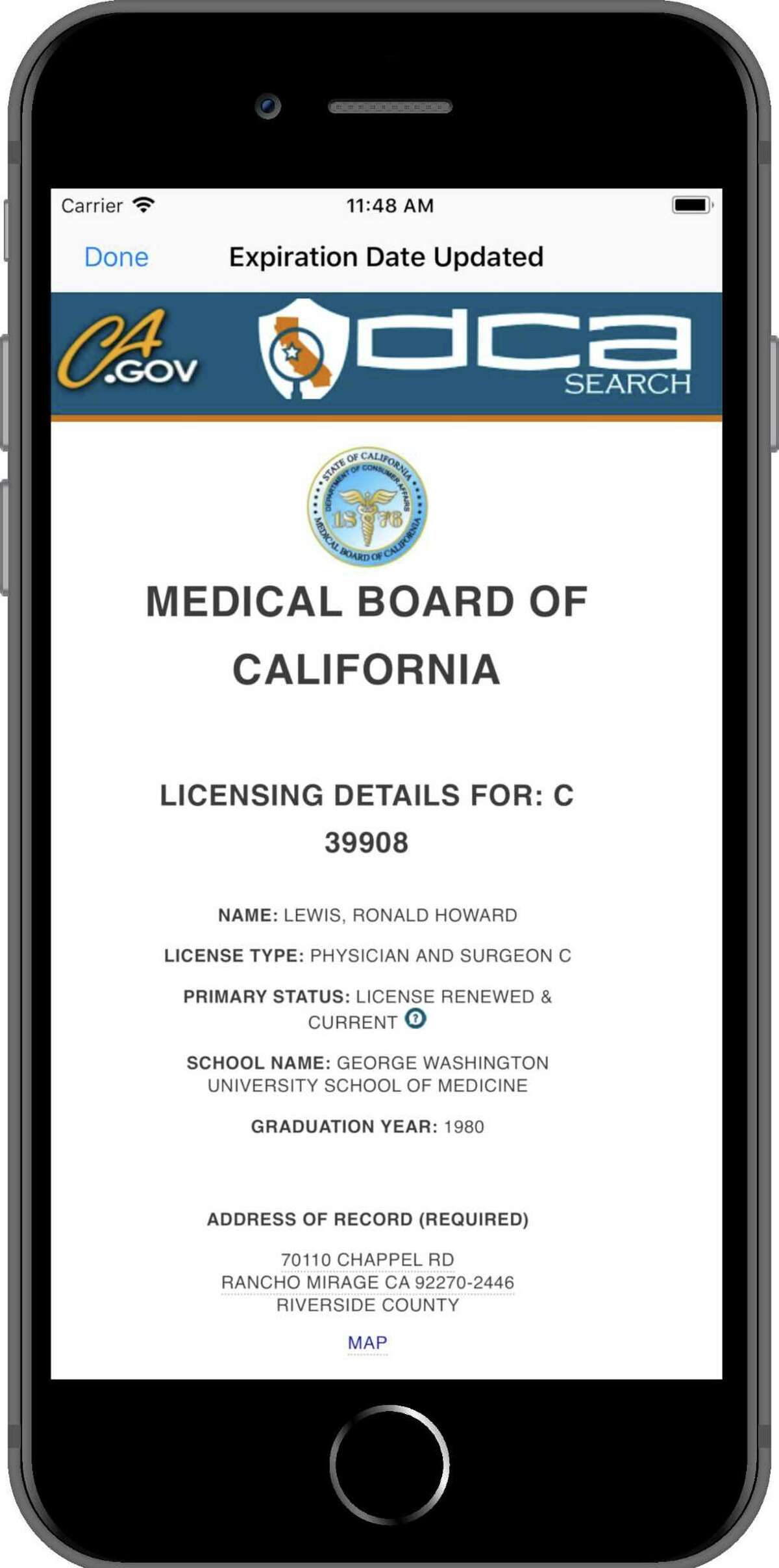 A sample screenshot from the new app introduced by the Medical Board of California. The app helps patients learn about disciplinary action against their doctors.