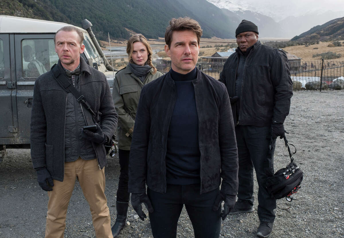 This image released by Paramount Pictures shows, from left, Simon Pegg, Rebecca Ferguson, Tom Cruise and Ving Rhames in a scene from "Mission: Impossible - Fallout." (David James/Paramount Pictures and Skydance via AP)