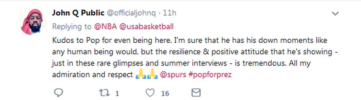 @officialjohnq: Kudos to Pop for even being here. I'm sure that he has his down moments like any human being would, but the resilience & positive attitude that he's showing - just in these rare glimpses and summer interviews - is tremendous. All my admiration and respect @spurs #popforprez