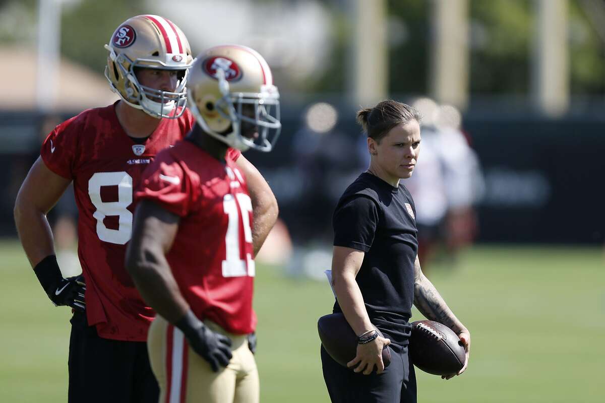 49ers assistant coach Katie Sowers at training camp at Levi's Stadium on Thursday, July 26, 2018 in Santa Clara, Calif.