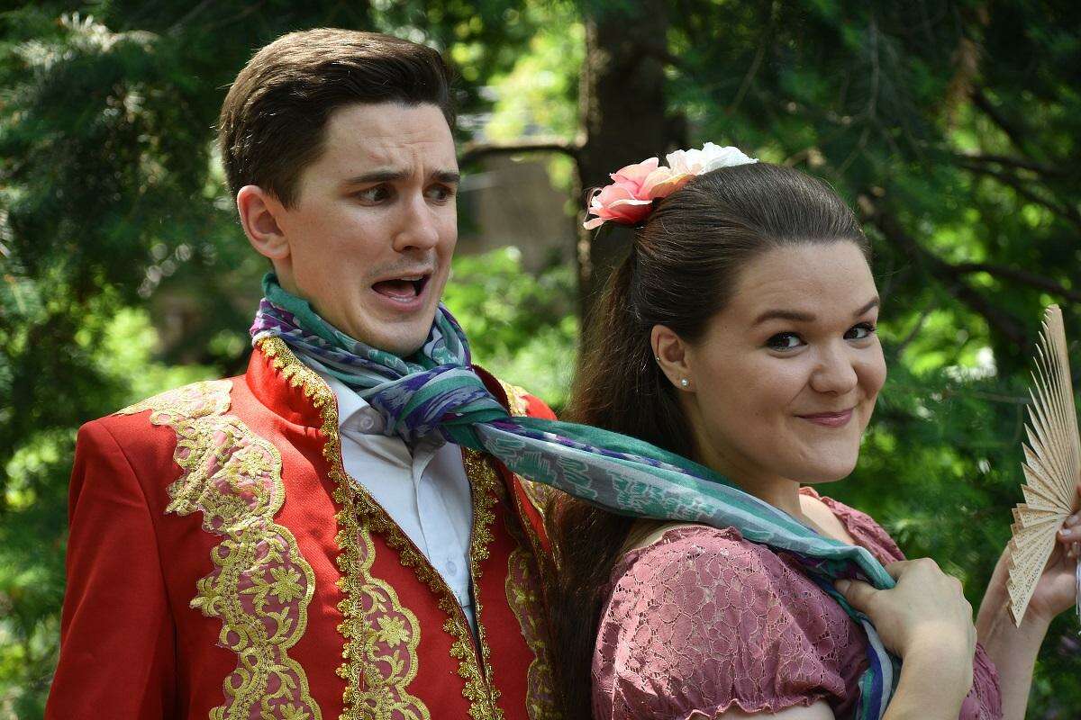ALL’S WELL IN STRATFORD: Helena (Noelle Fair) pursues the reluctant Bertram (Joey Santia) in marriage in Hudson Shakespeare Company’s Jane Austen-era outdoor production of “All’s Well That Ends Well” at Stratford Library (2203 Main St.) on Aug. 4 at 2 p.m. The show is free; in case of rain the show will be moved inside to the Lovell Room.