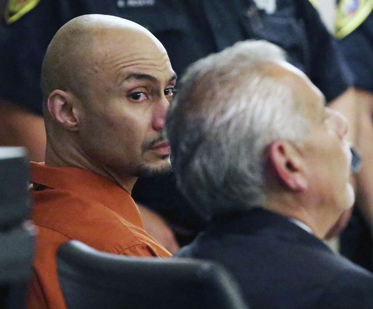 Luis Antonio Arroyo shows tearful eyes as he appears at his murder trial in the 227th District Court presided over by Judge Kevin O'Connell on July 26, 2018.