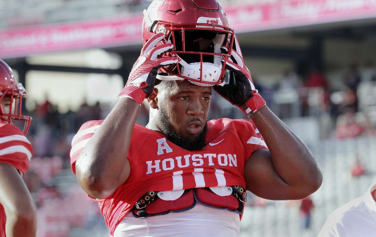 Houston defensive tackle Ed Oliver (10) during warm ups before the start of an NCAA college football game against SMU Saturday, Oct. 7, 2017, in Houston. (AP Photo/Michael Wyke)