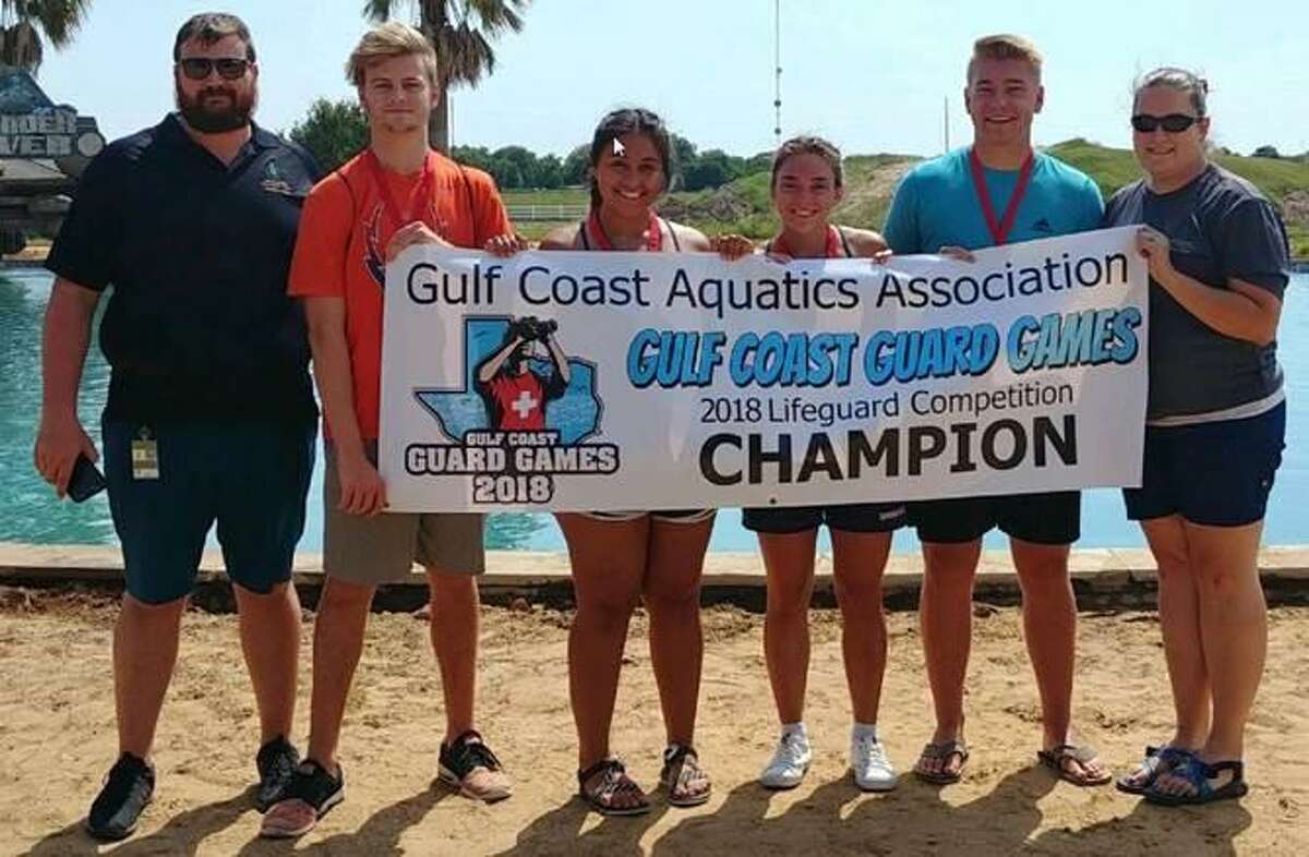 The Conroe Aquatic Center Lifeguard team won First Place in the Gulf Coast Guard Games. They have qualified for the State Games of Texas in College Station on July 30. Team members from left to right are Kyle Bartlett (Aquatic Supervisor), Zac Clark, Alyssa Bernald, Diana Simiand, Rayce Nunley and Kayla Daniels. Not pictured is Kevin Araujo.