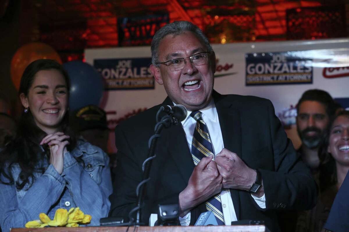Democratic Bexar County District Attorney candidate Joe Gonzales declares victory in the primary election, Tuesday, March 6, 2018. Gonzales had a commanding lead over incumbent Nico LaHood. On the left is his daughter, Marissa, 17.