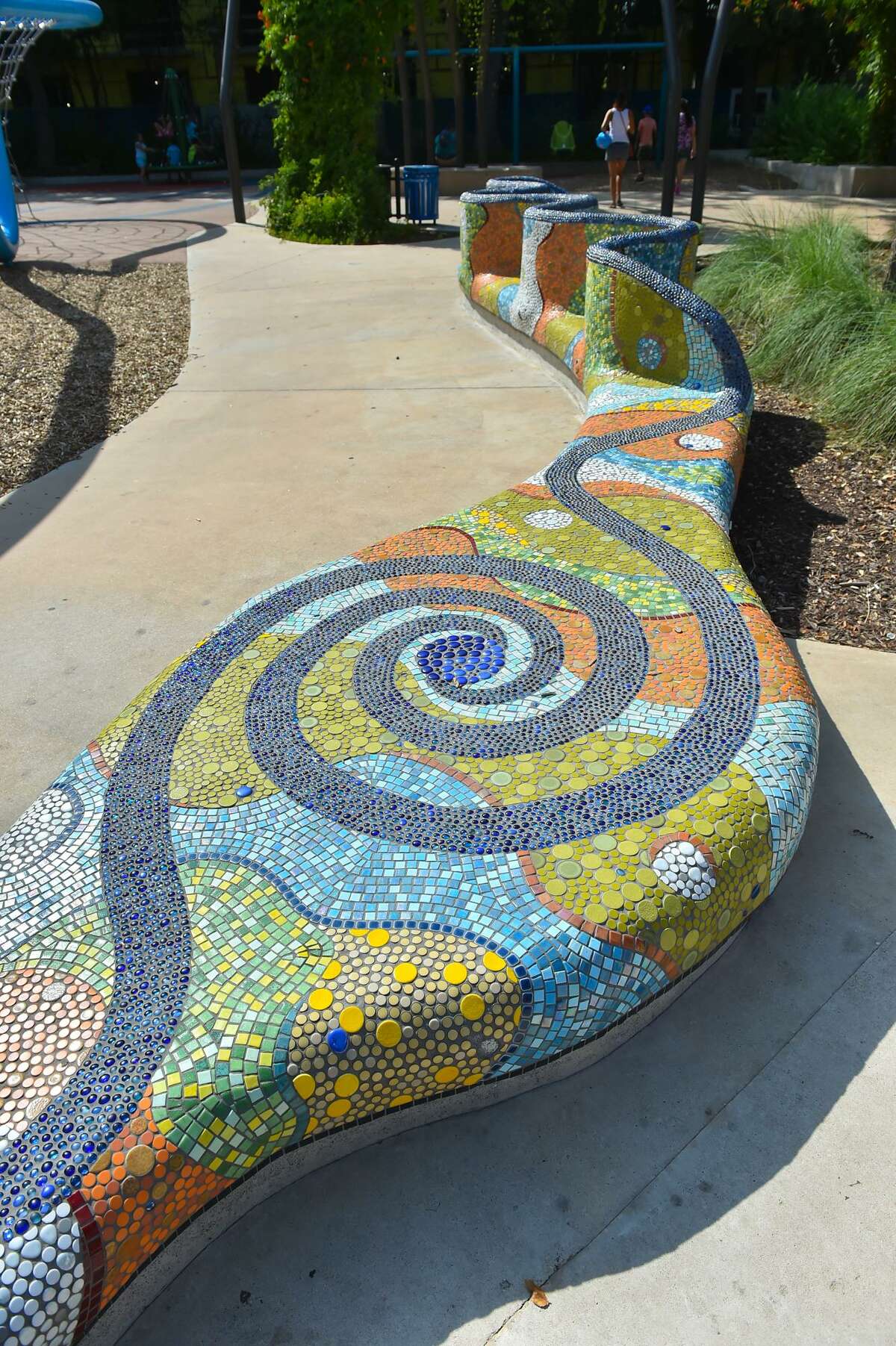 Artist Oscar Alvarado’s favorite part of the installation he created at Yanaguana Garden at Hemisfair is the depiction of the blue hole, the source of the San Antonio River.