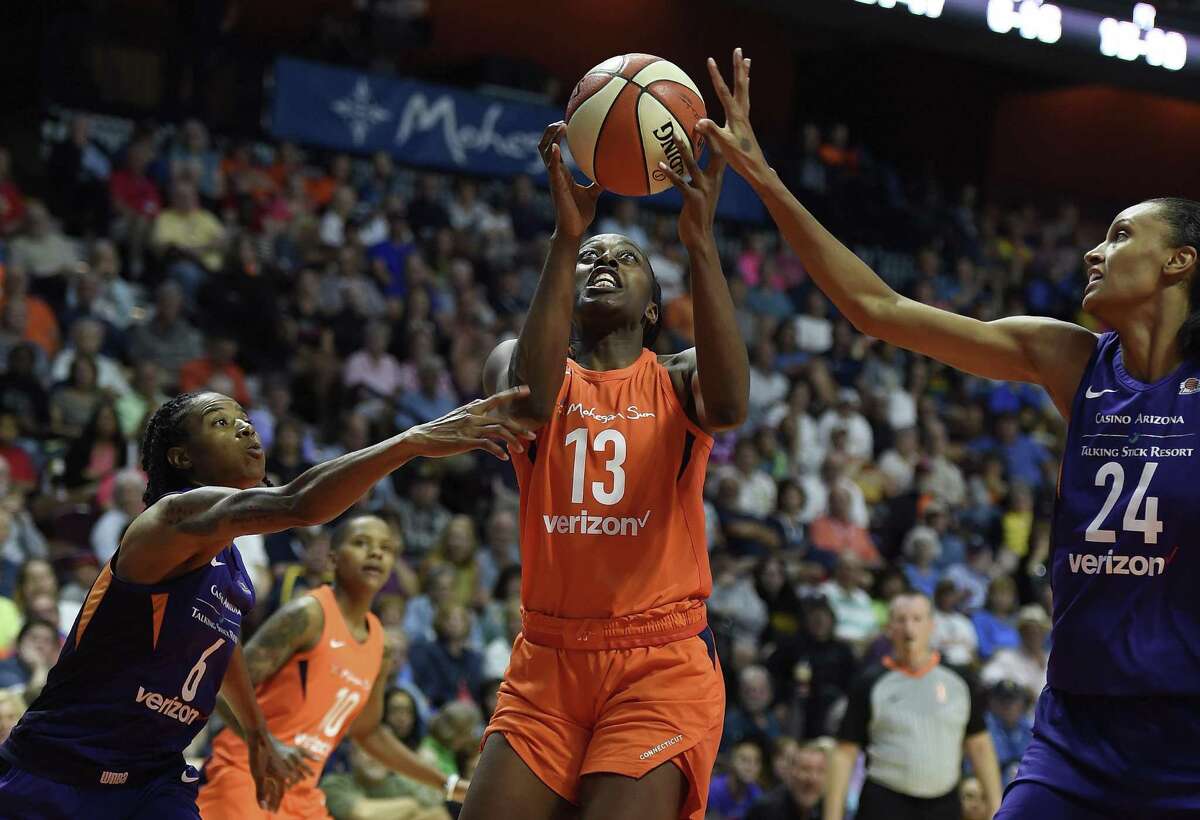 Connecticut Sun forward Chiney Ogwumike (13) will represent her team at the WNBA All-Star Game Saturday. (Sean D. Elliot/The Day via AP)