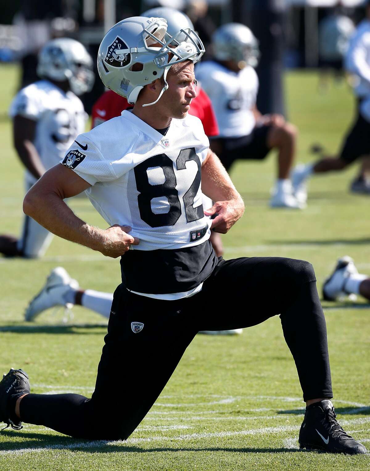 Wide Receiver Jordy Nelson stretches on the first day of Oakland Raiders training camp in Napa, Calif. on Friday, July 27, 2018.