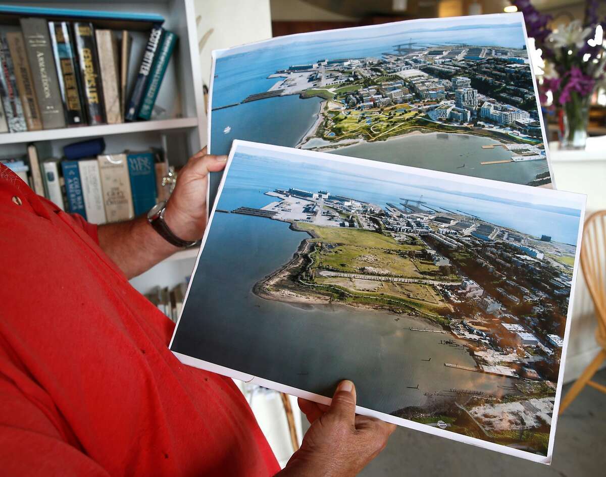 Building owner Michael Hamman holds renderings of current and future views of a parcel of land at India Basin in San Francisco, Calif. on Wednesday, July 18, 2018. A developer is seeking approval to construct more than 1,500 homes on the site off of Innes Avenue and Arelious Walker Drive. His building, which is set adjacent to the proposed project, would be relocated closer to the shoreline by the developer, according to Hamman.