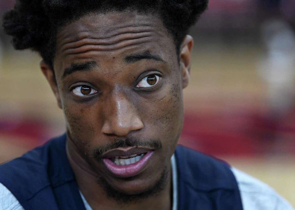 LAS VEGAS, NV - JULY 26: DeMar DeRozan #35 of the United States is interviewed after a practice session at the 2018 USA Basketball Men's National Team minicamp at the Mendenhall Center at UNLV on July 26, 2018 in Las Vegas, Nevada. (Photo by Ethan Miller/Getty Images)
