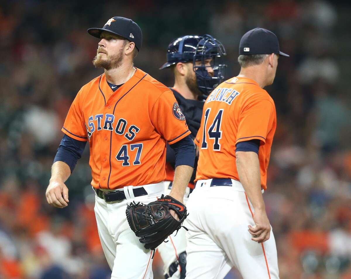 Houston Astros relief pitcher Chris Devenski (47) leaves the mound in the ninth inning after facing five batters and getting no outs against the Texas Rangers at Minute Maid Park on Friday, July 27, 2018 in Houston. Rangers won the game 11-2. PHOTOS: What we know about Roberto Osuna, the Astros' newest reliever